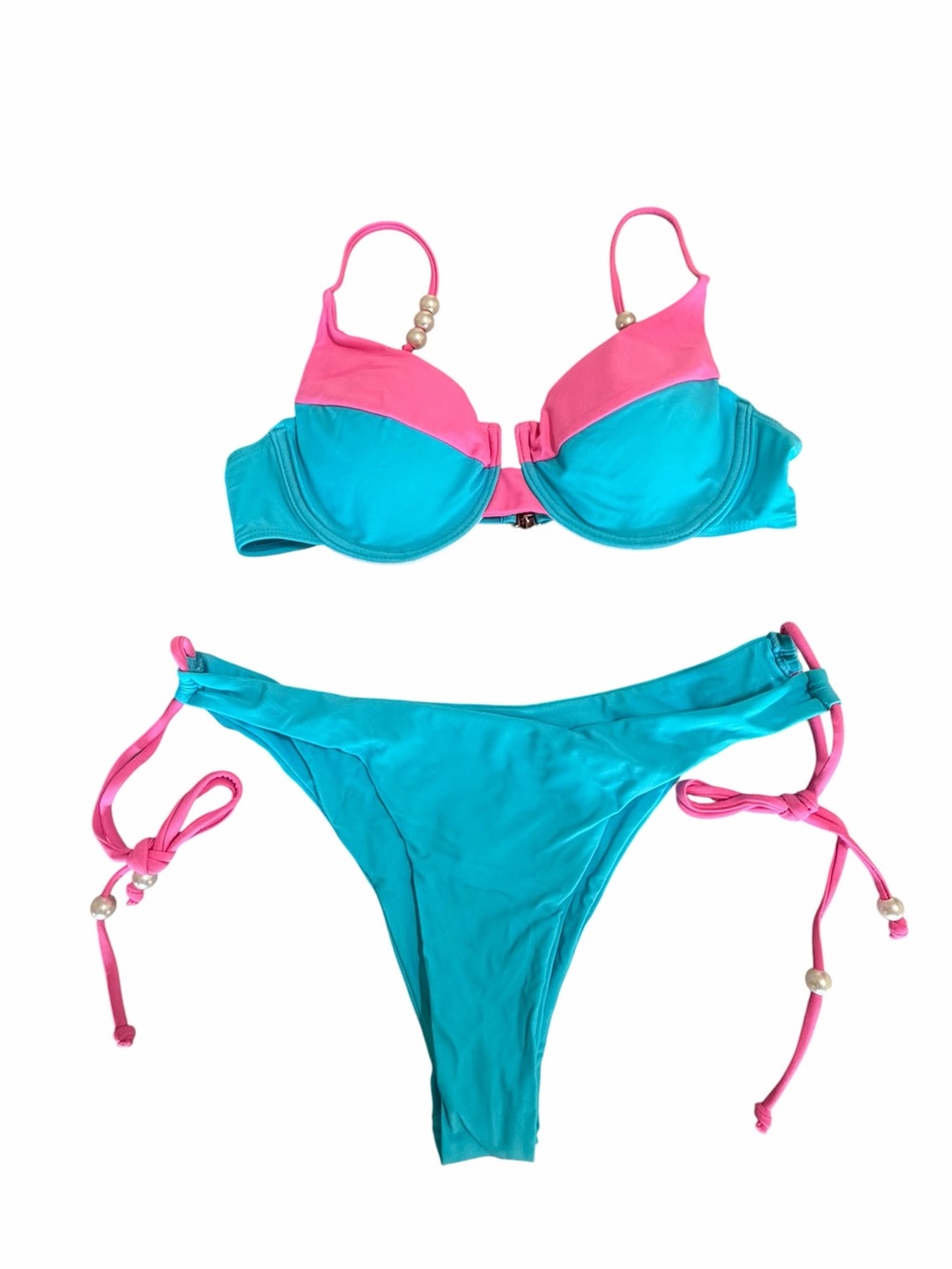 Women's NEW Two Piece Blue and Pink String Bikini with Pearl Bead Accents Size L
